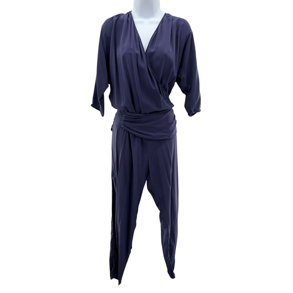 Thakoon Addition Navy Blue 100% Silk Wrap V-Neck Jumpsuit Size 6 Womens Drape